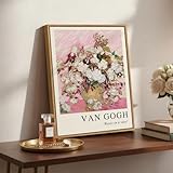 Framed Van Gogh Floral Wall Art, Roses in a Vase Vintage Canvas Print, Pink Botanical Impressionist Artwork for Living Room Bedroom Home Decor, 12x16 Inch