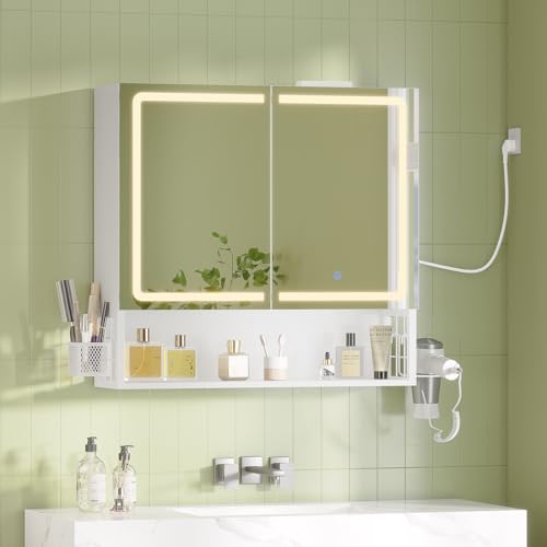 Badezimmer Spiegelschrank mit LED-Beleuchtung & Steckdose 70 cm Breit, Spiegelschrank Bad mit HD Spiegel, Verstellbarem Regal, 3 Farbtemperatur dimmbare, Doppeltür Badschrank,70×16×70 cm,Weiß
