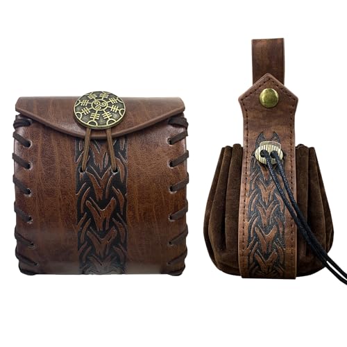 EpicCos 2 PCs Medieval Faux Leather Belt Bag, Renaissance Drawstring Pouch Dice Bag, Vintage Side Pack Coin Purse for LARP (Brown A)