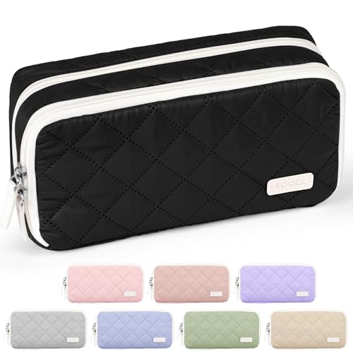 Image of Sooez Large Pencil Case Pouch, Extra Big Pencil Bag with 8 Compartments, Pen Bag Wide Opening, Soft Quilted Pencil Pouch Organizer with Zipper, Portable Pencil Case for Teen Girls, Light Black