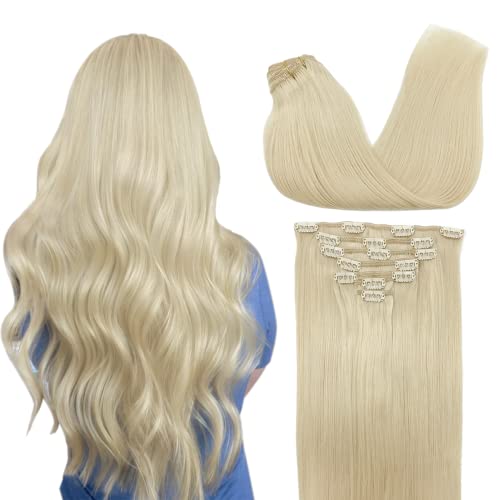 GOO GOO Hair Extensions Real Human Hair Platinum Blonde 7pcs 120g 18 Inch Hair Extensions Remy Human Hair Extensions Clip in Human Hair Blonde Natural Hair Extensions Clip in