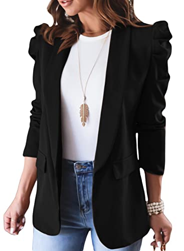 Happy Sailed Blazers for Women Fashion Lapel Collar Ruched Puff Sleeve Open Front Professional Bussiness Casual Office Outfits Blazer Jacket Work Suits with Pocket Black Medium
