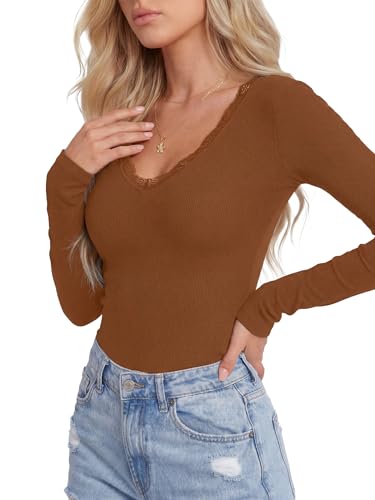 Image of LYANER Women's Lace V Neck Long Sleeve Fitted Shirts Basic Ribbed Knit Tops Going Out Trendy Top