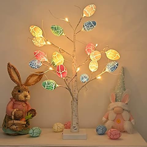 Easter Decorations kemooie 24 inch Pre-lit White Birch Tree with 24pcs Easter Egg Ornaments, 24 Led Lights Battery Operated Table Centerpiece for Party Birthday Home Spring Decoration Indoor Use Cover