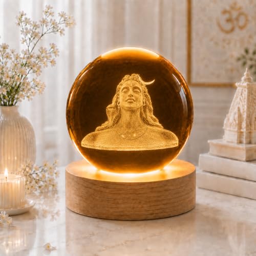 Image of COVACURE 3D Shiv Crystal Ball Night Lamp, Solar System, USB Table Colorful LED Wooden Base Crystal Ball for Home Decoration Birthday Gift for Teens Boys and Girls (Adiyogi)