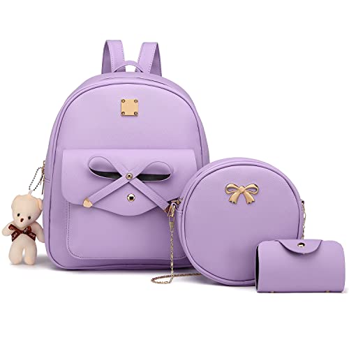 MACCINELO Cute Leather Mini Backpack Purse for Women Bowknot Small Backpack Purse for Girls Rucksack for Ladies Shoulder Bag for gift 3pcs