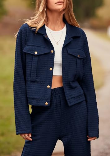 Image of PRETTYGARDEN Womens Two Piece Sets Fall 2026 Long Sleeve Button Down Shacket Jacket Long Sweatpants Tracksuit Winter Clothes