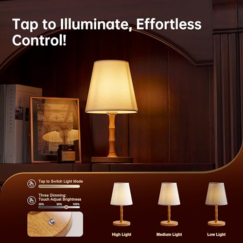 Image of Dawnwake Table Lamp Cordless Bedside Desk Lamp,Rechargeable Battery Operated Lamps for Bedroom Night Stands,3 Colors Touch Dimmable Small Table Kitchen Lamps,4000mAh LED Wood Grain