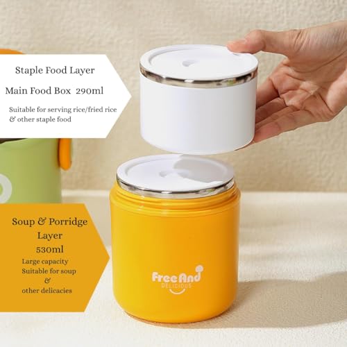 Image of YELONA 820ml Double Layer Lunch Pot for Kids & Adults | Stainless Steel 304 Bento Food Jar | Headphone Style Handle | Leak-Resistant, Two Compartment Tiffin Box (Oliver Amber)
