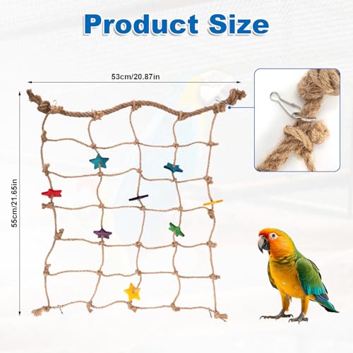 Image of Parrot Climbing Rope Net, 21.65x20.87in Colorful Star Design Bird Hammock Ladder Seagrass Mat Chew Toys with 4pcs Hooks Cockatiels Cage Accessories for Pigeons Cockatoos Parakeets