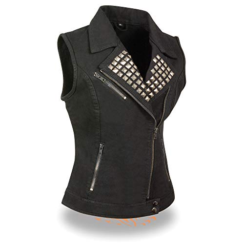 Milwaukee WOMEN'S MOTORCYCLE LADIES SEXY DENIM VEST BLACK 100% COTTON W/STUDDED SPIKES (Regular Regular XS Regular)