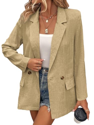 Mina Self Summer Womens Linen Blazers Jackets Lightweight 2024 Spring Long Sleeves Business Casual Dressy Office Light Clothes Blazers Suit Jacket for Women, Daily/Work, Khaki Small Size
