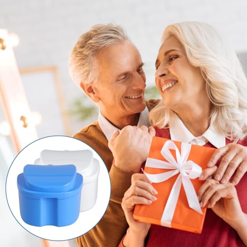 DAJISI 2 Stück Zahnspangendose, Prothesendose mit Hängender Sieb Tragbar Gebissdose Weiß und Blau Zahnrettungsbox für Reinigen und Aufbewahren Von Zahnersatz Verwendet