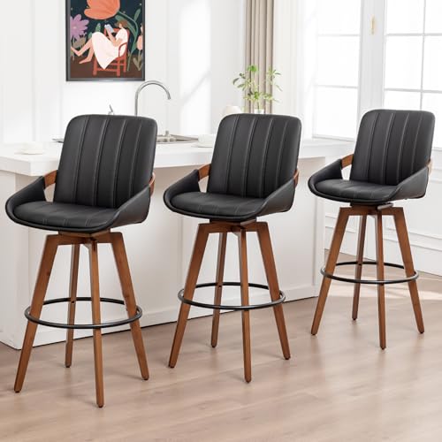 Image of AQG Bar Stools Set of 3, 29.5 Inch Mid Century Modern Bar Height Bar Chairs, Swivel Barstools with Walnut Craft, Faux Leather Upholstered Furniture for Island /Counter (Black, 29.5 inch-3 PCS)