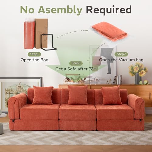 Image of 100 inch Convertible Sofa Bed, 5-in-1 Modular Sectional Cloud Couch with Fixed-Shape Frame & Storage Pocket, No Assembly Required Boneless Sleeper Sofa for Living Room, Chenille Orange