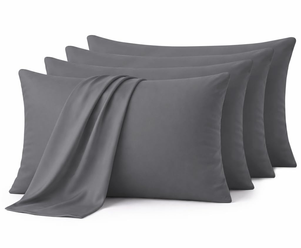 Aspire Homeware Grey Pillow Cases 4 Pack – 100% Brushed Microfiber Premium Pillowcases Super Soft Envelope Closure Pillow Cover (50x75cm)