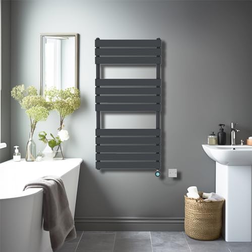 NRG 1200x600mm Designer Flat Panel Heated Towel Rail Radiators, include LCD Screen Thermostatic Electric Heating Element with Wi-Fi Anthracite Bathroom Radiator