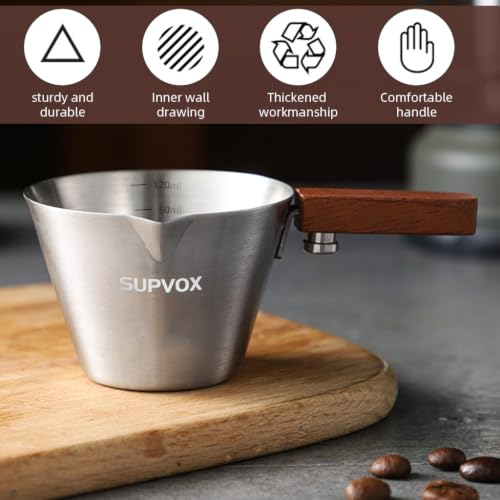 Image of Supvox 120ml Espresso Coffee Cup Brushed Stainless Steel Measuring Cup with Wooden Handle Easy Pouring V-Nozzle Design Kitchen Measuring Small Oil Pot
