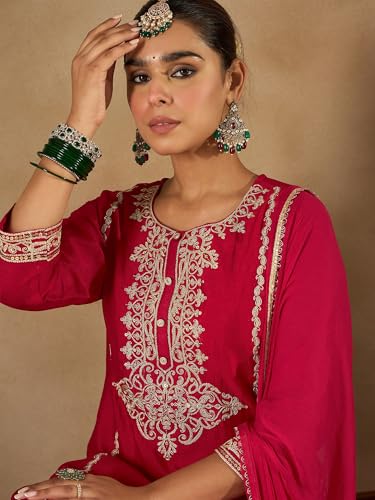 Image of INDO ERA Women's Silk Blend Kurta and Pant with Dupatta Set