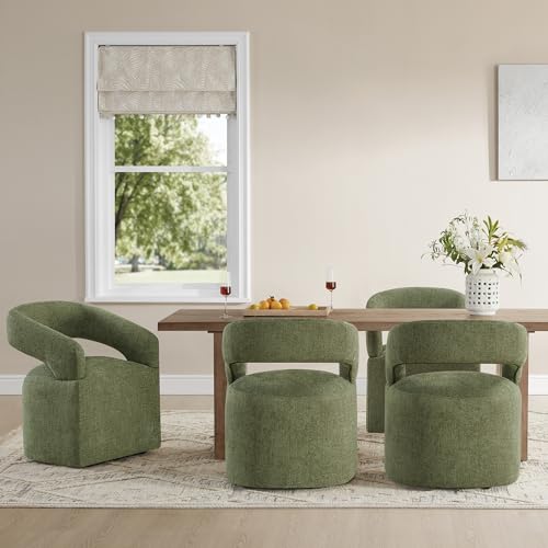Image of KISLOT Upholstered Dining Chairs Set of 4, Modern Rolling Dining Chairs with Hidden Casters, Arm Kitchen Chairs with Linen Look Fabric, Padded Barrel Chairs for Dining Room, Kitchen, Bedroom, Green