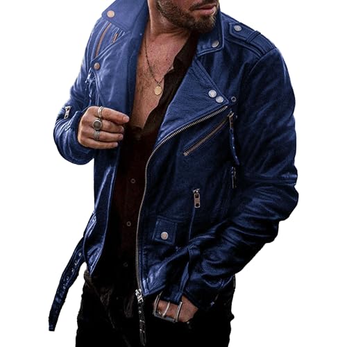 Men's Casual Leather Jacket Lapel Collar Bomber PU Jackets Zippers Motorcycle Biker Coat