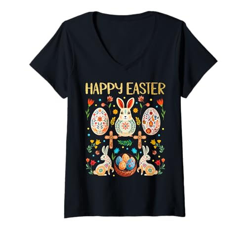 Mujer Easter Rabbit Bunny Jesus Christian Scandinavian Folk Art Camiseta Cuello V