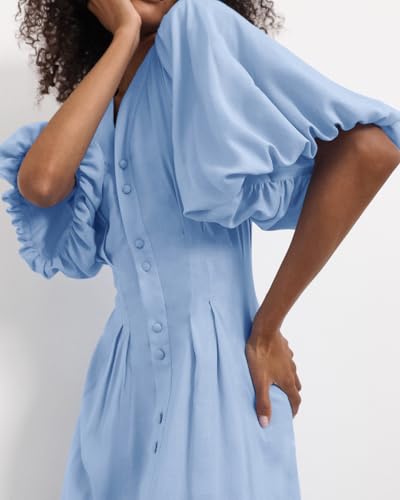 Image of chouyatou Women Summer Puff Sleeve Button Down Shirt Dress Flowy Elegant Business Casual Midi Long Dress