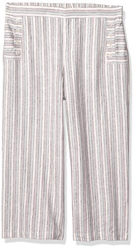 Rafaella Women's Comfort Fit Linen Blend Stripe Crop Pant with Buttons, Dusty Angel Blue, 12 Petite