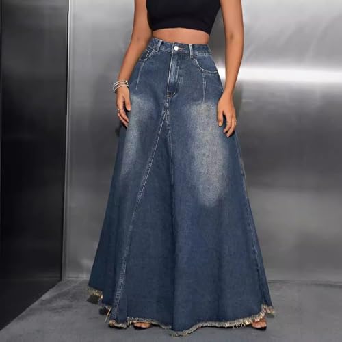 Unybwonn Women Vintage Maxi Denim Skirts High Waisted Frayed Raw Hem a Line Casual Long Jean Skirt with Pockets4