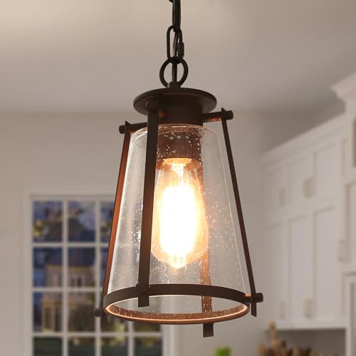 LALUZ-Farmhouse-Pendant-Light-Fixtures-Rustic-Hanging-Pendant-Lighting-with-Seeded-Glass-Shade-for-Kitchen-Island-Bedroom-Foyer-and-Entryway-Brown LALUZ Farmhouse Pendant Light Fixtures Rustic Hanging Pendant Lighting with Seeded Glass Shade for Kitchen Island Bedroom Foyer and Entryway Brown