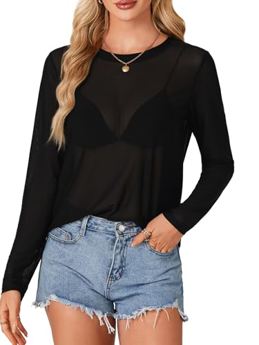 LYANER Women's Sheer Mesh Long Sleeve Round Neck Sexy See Through Blouse Shirt Top2