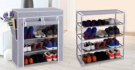 Image of OBBO 4-Layer Collapsible Shoe Rack - Space-Saving Shoe Organizer for Home, Closet, Hallway - Portable Foldable Storage Shelf for Shoes, Slippers, Boots - Compact and Durable Metal Frame-GREY