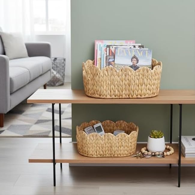 Scalloped Basket,Water Hyacinth Basket for Organizing and Decor,Hand-Woven Rattan Baskets with Built-In Handles for Living Room,Bedroom,Laundry,2 Pack
