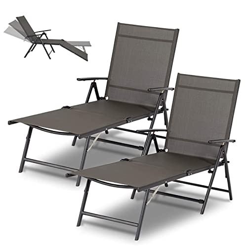 EsrightOutdoor Chaise Lounge Set of 2, Adjustable Reclining Folding Pool  Lounger for Poolside, Outside/370lb Weight Capacity, Grey