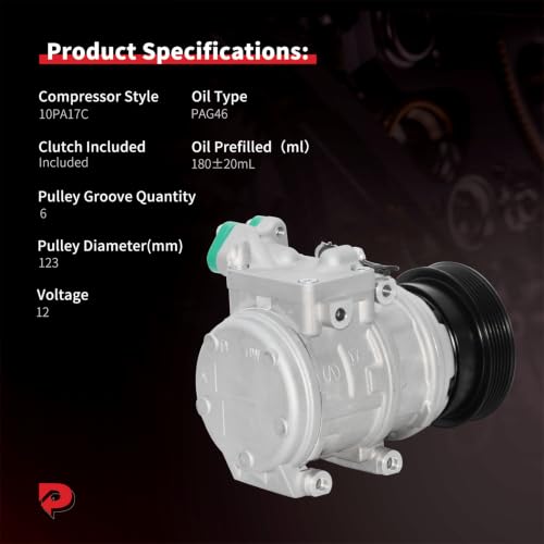 Image of PHOBOOS A /C compressor with Clutch Compatible with Hyundai Tucson 2005-2009 V6 2.7L & Kia Sportage 2005-2007 V6 2.7L, 10PA17C Style, Fast Cooling, Low Noise, Easy Installation, Ref. CO22019C