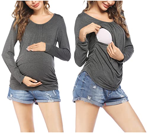 Ekouaer T-shirt d'allaitement à manches longues pour femme - Pour femme - Taille S à XXL, T-shirt d'allaitement gris, S Cover