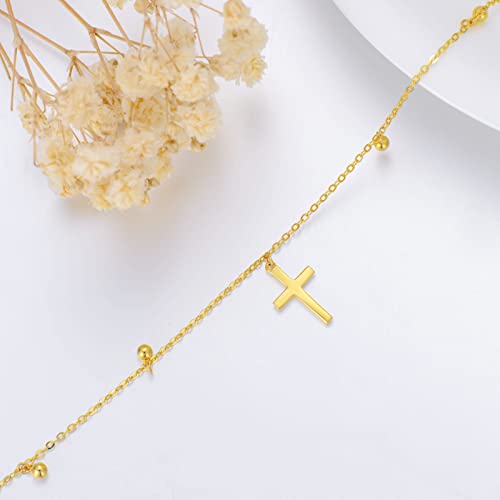 14K Gold Cross Bracelet For Women, Real Gold Cross Beaded Link Bracelet Religious Jewelry Mothers Day Gifts For Mom Wife Girlfriend 6.5+2 Inch (Cross Bracelet) #TOP3