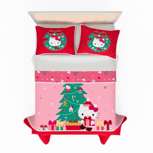 Sanrio Hello Kitty Holiday & Christmas 3 Piece Quilt & Pillow Sham Set, Full Size 88" x 92", (Officially Licensed Product) By Franco