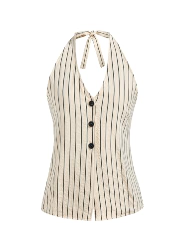 Women's Striped Halter Vest Top Tie Backless Button Up Split Hem Party Club Tops