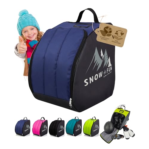 BAMBINIWELT Bolsa para botas de esquí para niños, bolsa para botas de esquí con superficie de soporte integrada, mochila de resistente Cordura, espacio para botas, casco, gafas de esquí y guantes