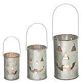 One Holiday Way Set of 3 Rustic Galvanized Metal Jack-o-Lantern Pumpkin Decorative Halloween LED Votive Candle Holder Lanterns - Indoor Outdoor Decoration - Spooky Country Farmhouse Party Home Decor