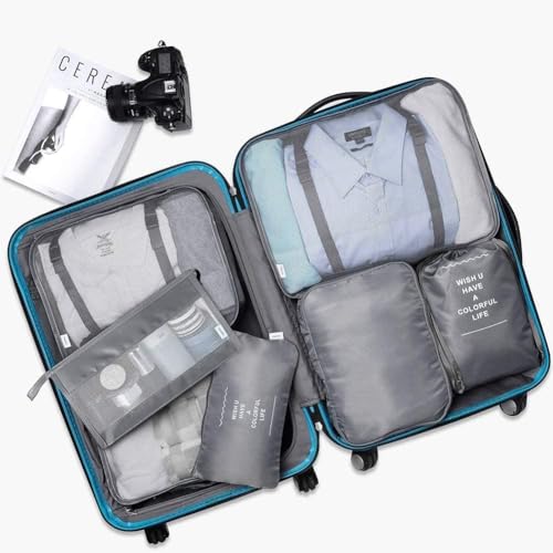 Image of Travel Organizer 7 in 1 Travel Laundry Cosmetics Luggage Packing Organizers Set Makeup Bags Organizer Packing Cubes with Shoe Bag for travel, Nylon (Grey)