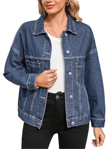 Sidefeel Womens Denim Jackets Casual Long Sleeve Oversized Fall Outfits Jean Jacket Dark Blue Medium