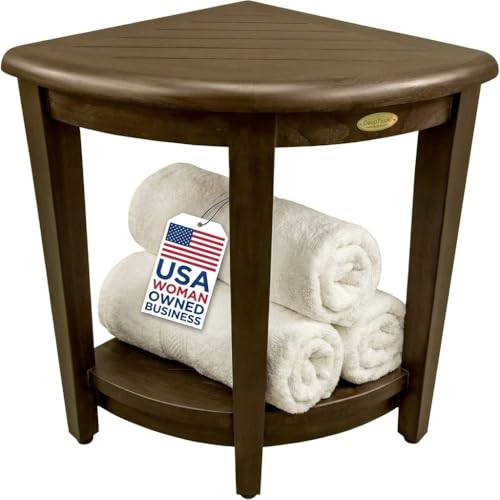 DecoTeak Snazzy Corner Waterproof Teak Wood Shower Bench Stool Seat Chair For Inside Shower Provides Safety, Storage, and Organization For Bathroom Accessories Brown