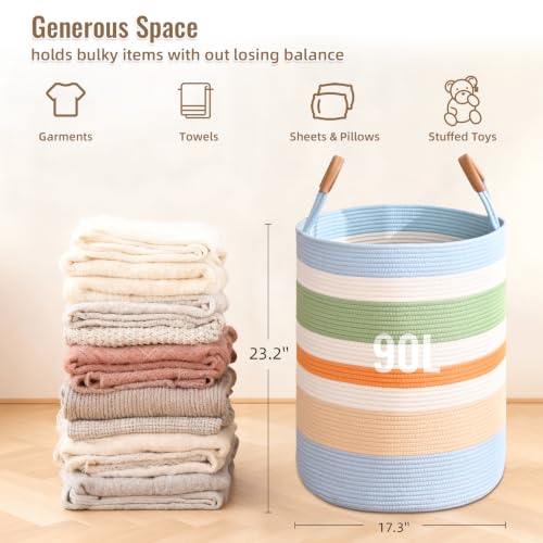 Image of Large Laundry Basket, Laundry Hamper with Leather Handles, 90L Woven Dirty Clothes Hamper, Rope Hampers for Bedroom, Barthroom, Rainbow