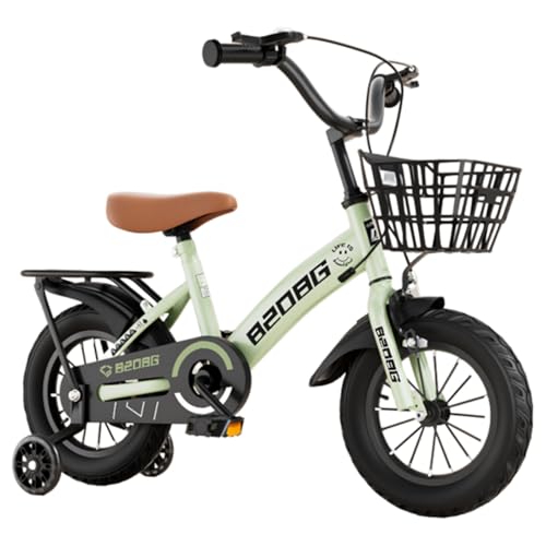 Bxzzuis 子供用自転車 12/14/16/18インチ おしゃれ 補助輪付き 2 〜 8歳 組み立て簡単 高さ調節可能 後ブレーキ 泥除け かご ベル で男の子にも女の子にも誕生日プレゼントに最適です (ミントグリーン + 後部座席 + 点滅補助輪,1