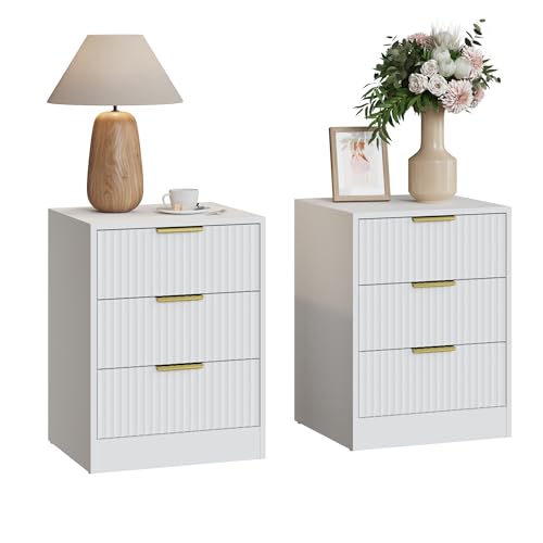 Sscaktu Fluted Nightstand Set of 2 Night Stands with 3 Drawers Large Storage Space, Modern Bedside Table with Metal Curved Handle, Multi-Use End Table for Bedroom Office, White