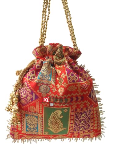 Image of MILAN'S CREATION Potli Banarasi Silk Brocade Bag Purse Drawstring Women's handbag with Pearl Handle & Tassel Weddings