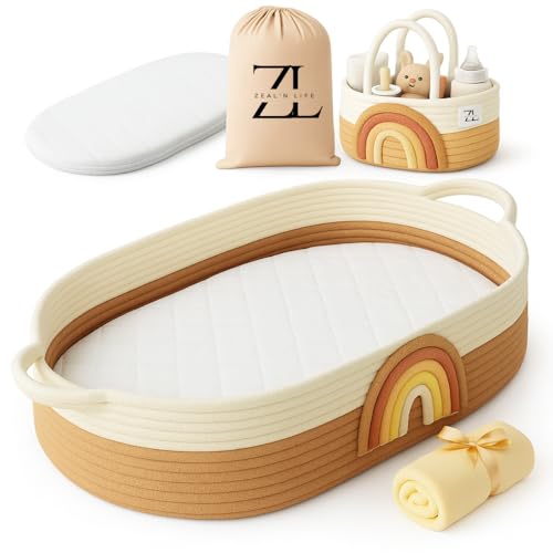 Image of ZEAL'N LIFE 5-in-1 Baby Changing Basket with Blanket, Diaper Basket, Waterproof Changing Mat & Tote Bag, Moses Basket for Newborn, Changing Pad for Dresser, Baby Changing Mat (Coffee)