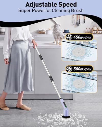 Image of Shower Scrubber with Long Handle, Shower Cleaner Brush with 8 Floor Machine Pads, Cordless Electric Spin Scrubber for Cleaning with 2 Speed, Cleaning Supplies for Bathroom Bathtub Kitchen Floor Toilet